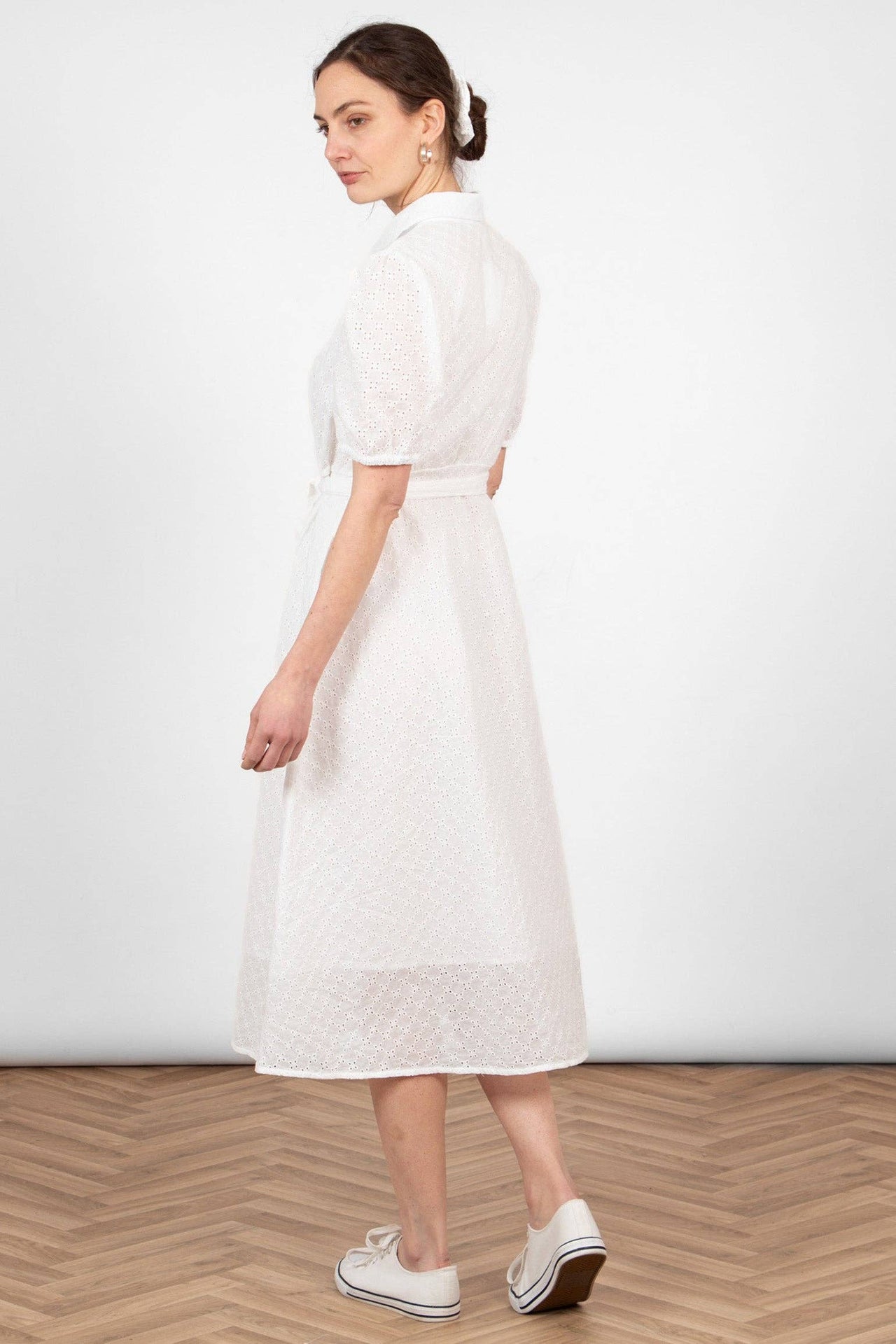 100% Italian Cotton Fitted Midi Shirt Dress - White, Broderie Anglaise