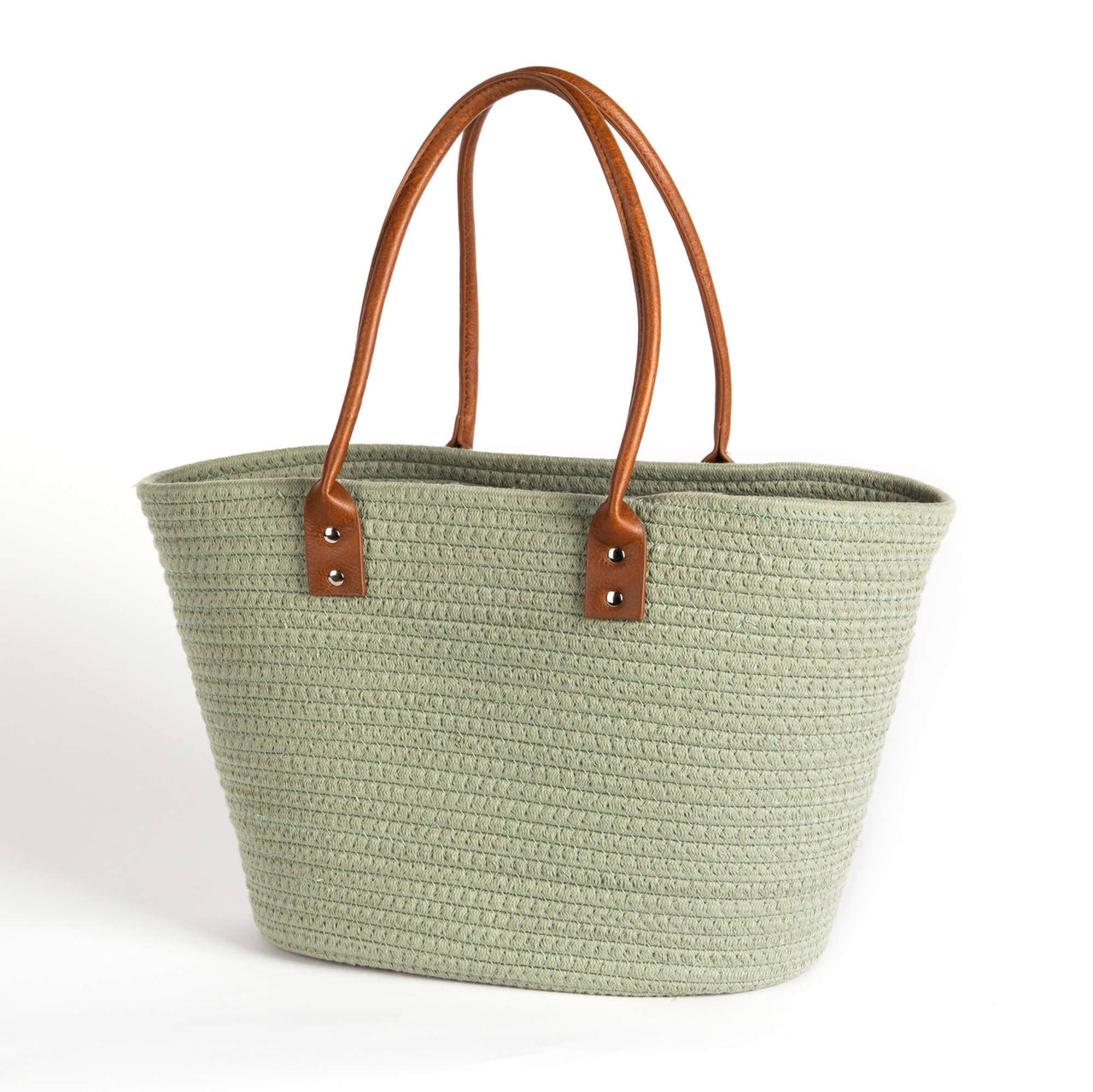 GREEN COTTON BAG WITH BROWN HANDLES