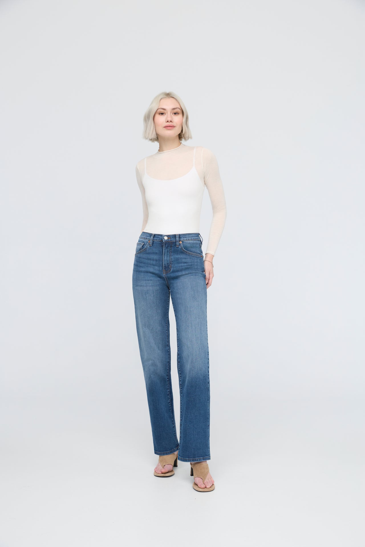 Performance Denim + High Rise Straight - Mid Blue
