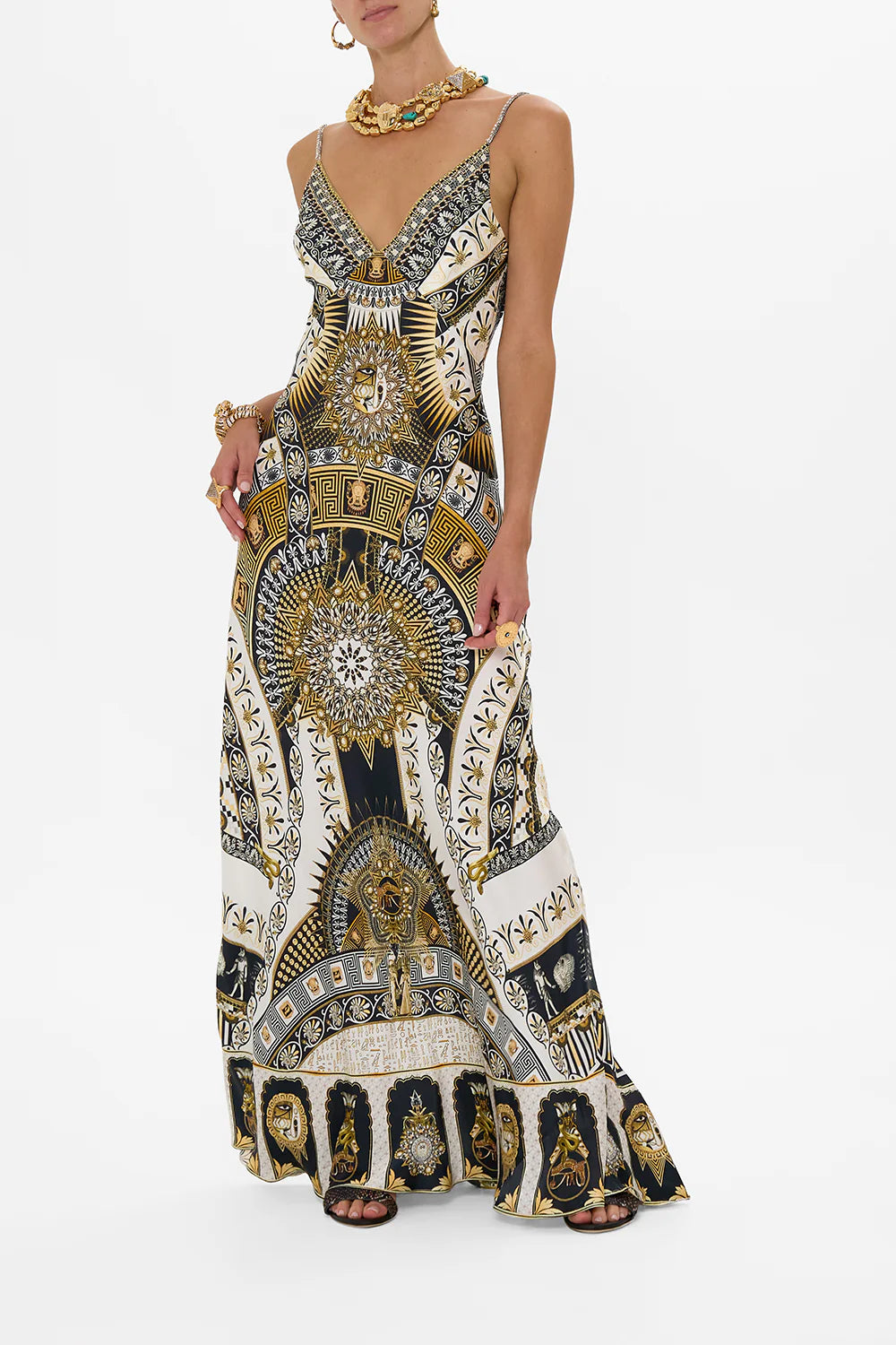 Temples Of Dendara: V Neck Long Bias Slip Dress With Train
