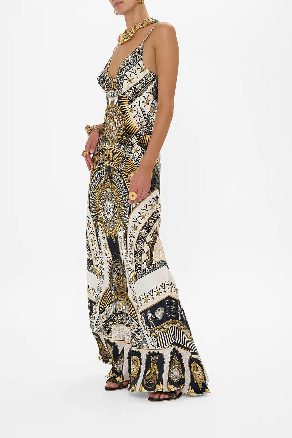 Temples Of Dendara: V Neck Long Bias Slip Dress With Train