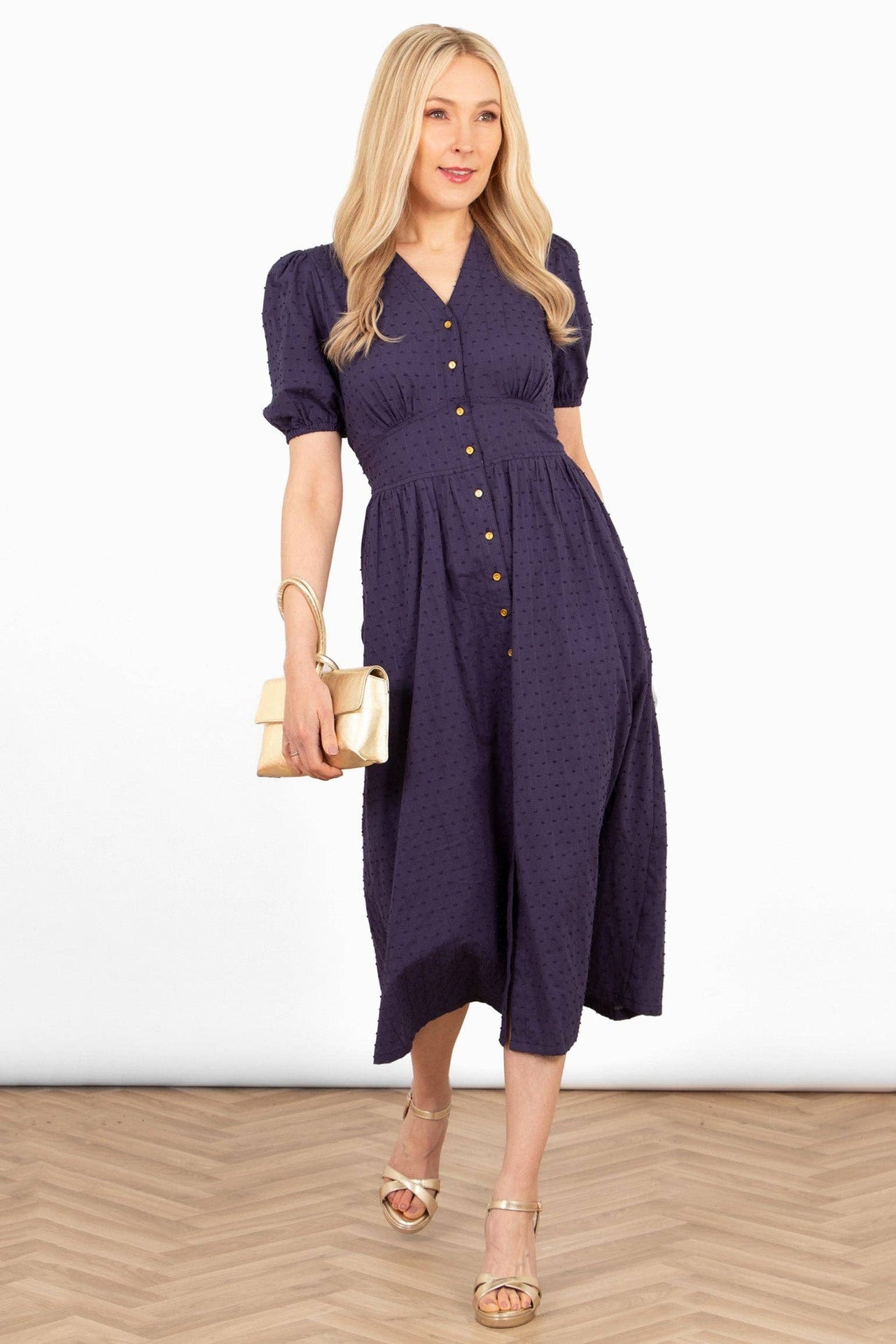 100% Italian Cotton Button Down Midi Tea Dress - Navy Blue