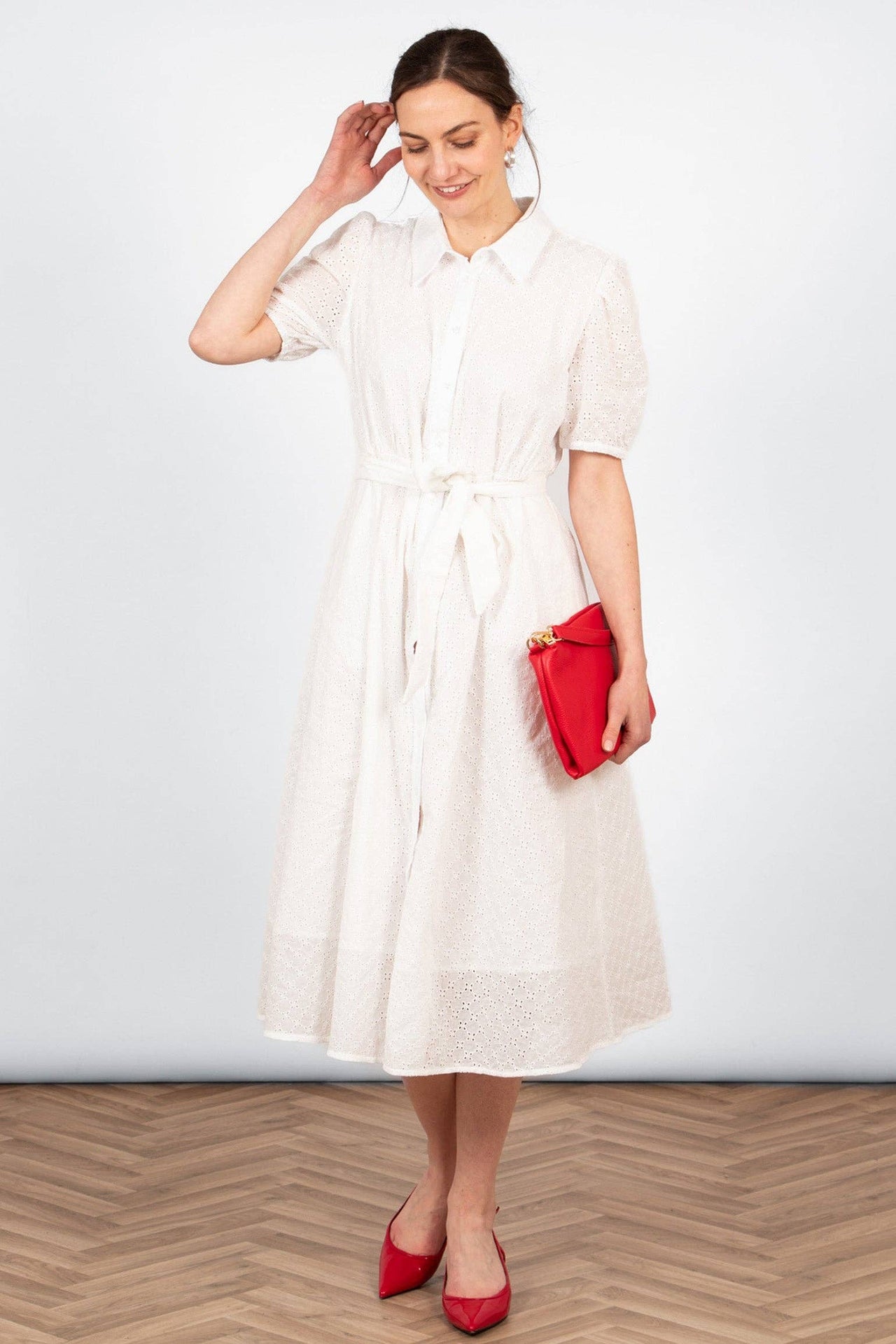 100% Italian Cotton Fitted Midi Shirt Dress - White, Broderie Anglaise