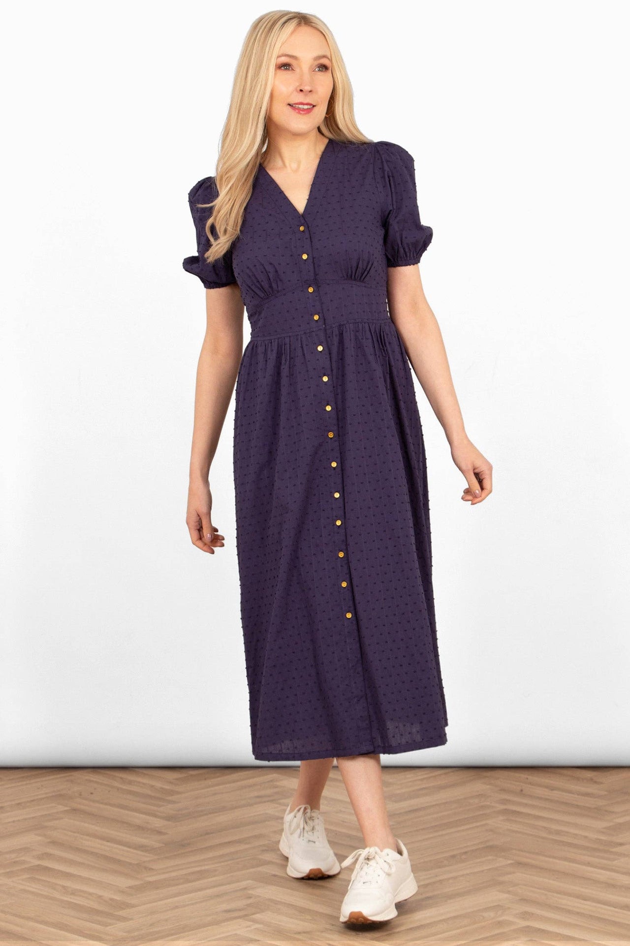 100% Italian Cotton Button Down Midi Tea Dress - Navy Blue